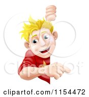 Cartoon Of A Happy Blond Boy Peeking Around And Pointing At A Sign Royalty Free Vector Illustration