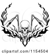Clipart Of A Black And White Skull With Flaming Motorcycle Handlebars Royalty Free Vector Illustration