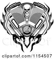 Black And White Skull With An Engine Flames And Mufflers