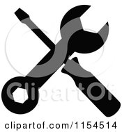 Clipart Of A Crossed Silhouetted Screwdriver And Spanner Wrench Royalty Free Vector Illustration