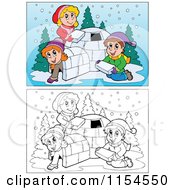 Outlined And Colored Kids Building An Igloo