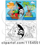 Poster, Art Print Of Outlined And Colored Pirate Parrots And Islands