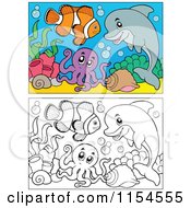 Cartoon Of Outlined And Colored Dolphin And Fish Royalty Free Vector Clipart