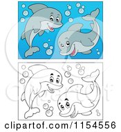Cartoon Of Outlined And Colored Swimming Dolphins Royalty Free Vector Clipart