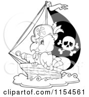 Cartoon Of An Outlined Pirate Parrot In A Ship Royalty Free Vector Clipart