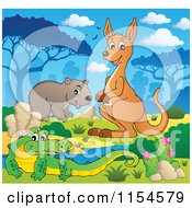 Poster, Art Print Of Aussie Crocodile Wombat And Kangaroo By A Watering Hole