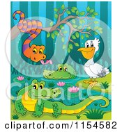Poster, Art Print Of Pelican Snake And Crocodiles At A Swamp