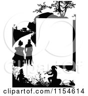 Clipart Of A Retro Vintage Silhouetted Fiddler And Pedestrians Page Border Royalty Free Vector Clipart