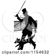 Clipart Of A Retro Vintage Silhouetted Man With A Cane And Dog Royalty Free Vector Clipart
