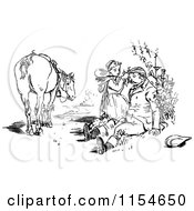 Clipart Of A Retro Vintage Black And White Girlmending A Man After Falling Royalty Free Vector Clipart