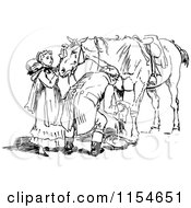 Clipart Of A Retro Vintage Black And White Couple Tending To An Injured Horse Royalty Free Vector Clipart