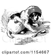 Clipart Of A Retro Vintage Black And White Puppy With A Spoon And Dish Royalty Free Vector Clipart