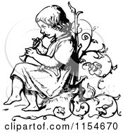 Clipart Of A Retro Vintage Black And White Boy Playing A Flute Royalty Free Vector Clipart