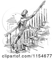 Clipart Of A Retro Vintage Black And White Boy Running Up Stairs Royalty Free Vector Clipart