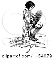 Poster, Art Print Of Retro Vintage Black And White Boy Sitting On A Stool With A Broom