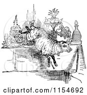 Clipart Of A Retro Vintage Black And White Sheep Leaping Over A Table Royalty Free Vector Clipart by Prawny Vintage
