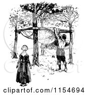 Clipart Of A Retro Vintage Black And White Couple Building A Shelter Royalty Free Vector Clipart
