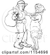 Clipart Of A Retro Vintage Black And White Young Couple And Sack Royalty Free Vector Clipart