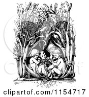 Clipart Of A Retro Vintage Black And White Group Of Children Playing In Tall Plants Royalty Free Vector Clipart