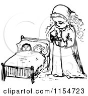 Clipart Of A Retro Vintage Black And White Girl And Dolls In Bed Royalty Free Vector Clipart