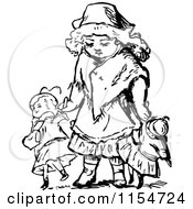 Clipart Of A Retro Vintage Black And White Girl Walking With Dolls Royalty Free Vector Clipart