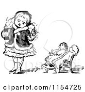 Clipart Of A Retro Vintage Black And White Girl Teaching Her Dolls Royalty Free Vector Clipart