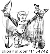 Clipart Of A Retro Vintage Black And White Tiny Baby Making A Hammock Between A Spoon And Oil Canister Royalty Free Vector Clipart