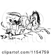 Clipart Of A Retro Vintage Black And White Boy Falling From A Horse Royalty Free Vector Clipart