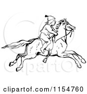 Clipart Of A Retro Vintage Black And White Boy On A Horse Royalty Free Vector Clipart