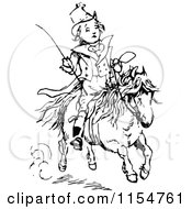 Clipart Of A Retro Vintage Black And White Boy On A Pony Royalty Free Vector Clipart