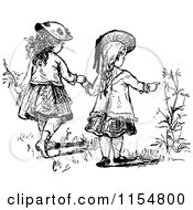 Poster, Art Print Of Retro Vintage Black And White Girls Holding Hands And Looking At Flowers