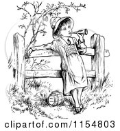 Clipart Of A Retro Vintage Black And White Child And Horn By A Fence Royalty Free Vector Clipart
