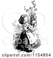 Clipart Of A Retro Vintage Black And White Girl Holding A Plant Royalty Free Vector Clipart