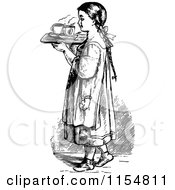 Clipart Of A Retro Vintage Black And White Girl With A Tray Of Tea Royalty Free Vector Clipart