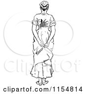Clipart Of A Retro Vintage Black And White Rear View Of A Woman With A Hand Print On Her Back Royalty Free Vector Clipart