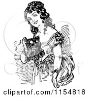 Clipart Of A Retro Vintage Black And White Woman Holding A Mask Royalty Free Vector Clipart
