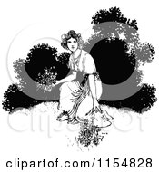 Clipart Of A Retro Vintage Black And White Woman Picking Flowers Royalty Free Vector Clipart