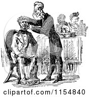 Clipart Of A Retro Vintage Black And White Man Being Examined By A Sculpture Maker Royalty Free Vector Clipart