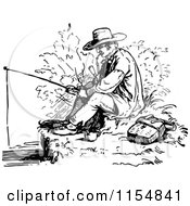 Clipart Of A Retro Vintage Black And White Man Smoking A Pipe And Fishing Royalty Free Vector Clipart