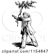 Clipart Of A Retro Vintage Black And White Man Carrying A Branch Royalty Free Vector Clipart