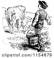 Poster, Art Print Of Retro Vintage Black And White Farmer Carrying A Bucket Towards Cows