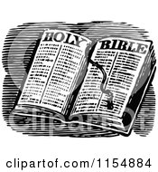 Clipart Of A Retro Vintage Black And White Open Holy Bible Royalty Free Vector Clipart