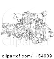 Clipart Of A Retro Vintage Black And White Crowded Horse Drawn Stagecoach Royalty Free Vector Clipart
