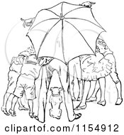Clipart Of A Retro Vintage Black And White Group And Dog Under An Umbrella Royalty Free Vector Clipart