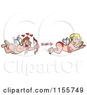 Cartoon Of A White Cupid Shooting An Arrow At A Gorgeous Woman Royalty Free Vector Illustration