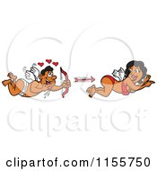 Cartoon Of A Black Cupid Shooting An Arrow At A Gorgeous Woman Royalty Free Vector Illustration