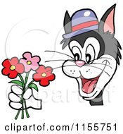 Cartoon Of A Valentines Day Cat Holding Flowers Royalty Free Vector Illustration by LaffToon