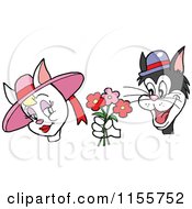 Cartoon Of A Valentines Day Cat Giving Flowers To A Female Royalty Free Vector Illustration by LaffToon