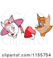 Cartoon Of A Valentines Day Cat Giving A Heart Candy Box To A Female Royalty Free Vector Illustration by LaffToon