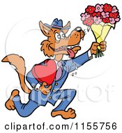 Cartoon Of A Romantic Drooling Wolf Holding Flowers And A Heart Shaped Candy Box Royalty Free Vector Illustration by LaffToon